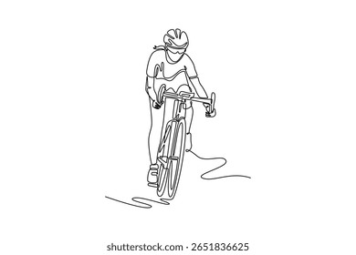 Um desenho contínuo de uma linha se encaixa ciclista mulher em roupas de esporte, capacete de proteção e óculos de sol andando de bicicleta de estrada. Esportista se preparando para a corrida. Ilustração gráfica vetorial de design de desenho de linha única
