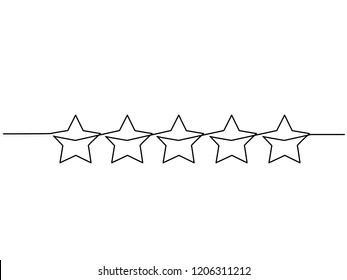 Continuous one line drawing. Five stars customer product rating review icon. Vector illustration