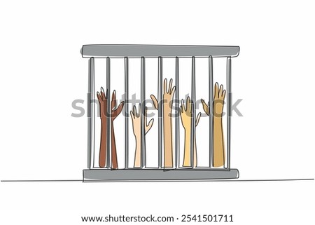 Continuous one line drawing five hands raised in cage. Slave trade that violates basic human rights. The cruelty of slavery. Urgently released. Dark times. Single line draw design vector illustration