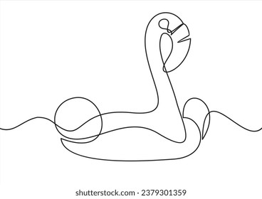 Continuous one line drawing flamingo toy. Summer beach concept. Single line draw design vector graphic illustration.	