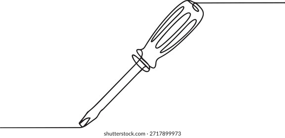 Dibujo continuo de una línea de un destornillador de cabeza plana. Bosquejo de esquema minimalista que representa la herramienta de mano, bricolaje, reparación, mantenimiento. dibujo de un icono de línea
