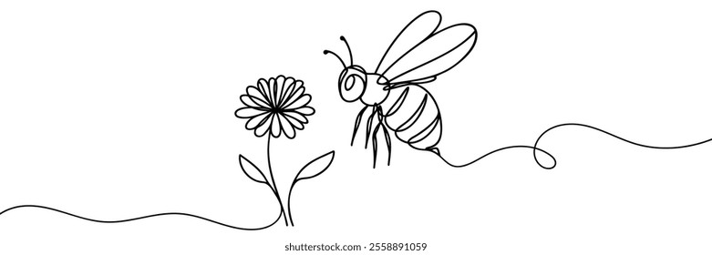 Continuous one line drawing of flaying bee. Simple illustration of honey bee line art vector illustration.
