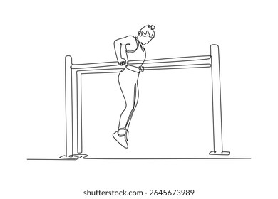 Uma linha contínua desenhando ginasta feminina flexível exercício barras paralelas na ginástica do campeonato. Movimento, ação, movimento, estilo de vida saudável. Ilustração gráfica vetorial de design de desenho de linha única
