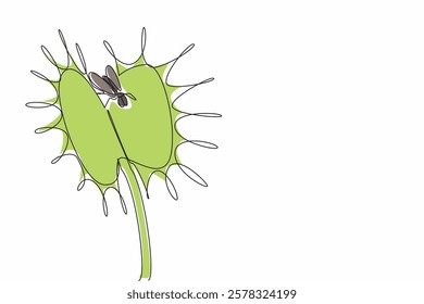 Continuous one line drawing flies are in venus flytrap. Insectivorous plants. Symbiosis of world life. Beneficial to humans. World Carnivorous Plant Day. Single line draw design vector illustration