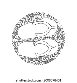 Continuous one line drawing flip flops icon. Cute and colorful summer flip flops for beach holiday designs. Swirl curl circle background style. Single line draw design vector graphic illustration