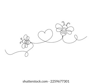 Continuous one line drawing fliying bee shapped love  Simple illustration honey bee line art vector illustration 