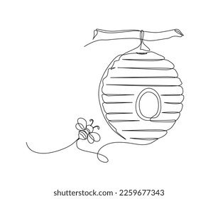 Continuous one line drawing of fliying bee and honeycomb. Simple illustration of bee house line art vector illustration.