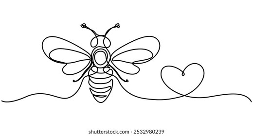 Continuous one line drawing of fliying bee shapped love. Simple illustration of honey bee line art vector illustration, Bee in heart shape. Continuous one line art drawing, Continuous one line drawing