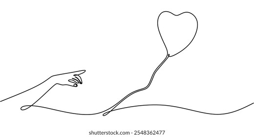 Dibujo continuo de una línea de un globo flotante en forma de corazón, que representa la naturaleza ligera y de espíritu libre del amor.