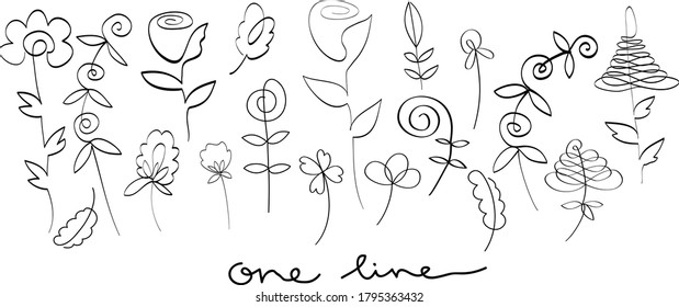 Continuous one line drawing. one line Floral set of. Vector illustration isolated on white background, Minimalist Floral Design. Botanical Contour Drawing