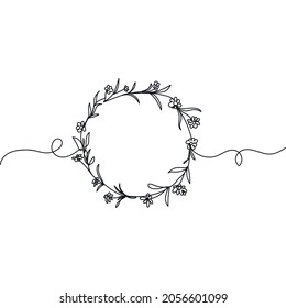 Continuous one line drawing of floral round wreath ecology concept in silhouette on a white background. Linear stylized.