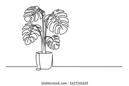 Continuous one line drawing of a flower in a pot. Beautiful flower Isolated on a white background. Vector illustration
