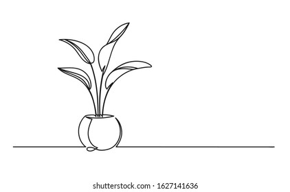 Continuous one line drawing of a flower in a pot. Beautiful flower Isolated on a white background. Vector illustration
