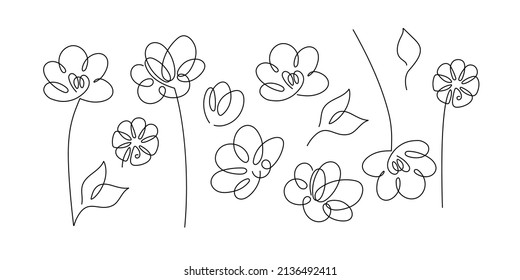 Continuous one line drawing flower set. Minimalist Prints Set. Abstract hand drawn flowers by one line. Minimalist black white line sketch. Fashionable trend vector illustration. Set Of Plants