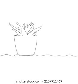 Kontinuierliche Zeichnung einer Blume in einem Topf. Schöne Blume einzeln auf weißem Hintergrund. Vektorgrafik