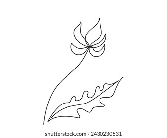 Continuous one line drawing of flower with leaves. Line art. Concept of nature, ecology, organic shapes. White background. Design element for print, postcard, scrapbooking, coloring book. 