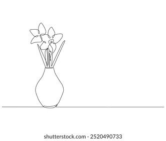 Continuous one line drawing of flower vase. One line drawing illustration of flower vase for home decoration. Interior, decoration, furniture concept single line. Editable outline.