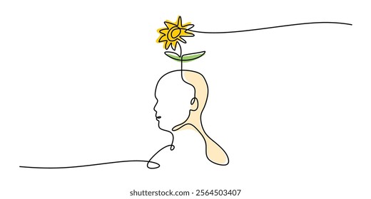 Continuous one line drawing of a flower plant on a head. Symbolizing creativity, personal growth, and the blossoming of knowledge and ideas. Vector illustration hand drawn.