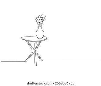 Continuous one line drawing of flower vase on the table. One line drawing illustration of flower vase with table. Interior room concept single line. Editable outline