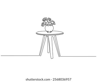 Continuous one line drawing of flower vase on the table. One line drawing illustration of flower vase with table. Interior room concept single line. Editable outline