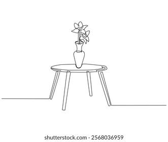 Continuous one line drawing of flower vase on the table. One line drawing illustration of flower vase with table. Interior room concept single line. Editable outline