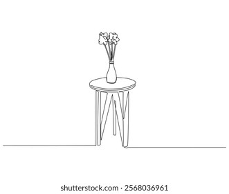 Continuous one line drawing of flower vase on the table. One line drawing illustration of flower vase with table. Interior room concept single line. Editable outline