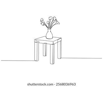 Continuous one line drawing of flower vase on the table. One line drawing illustration of flower vase with table. Interior room concept single line. Editable outline