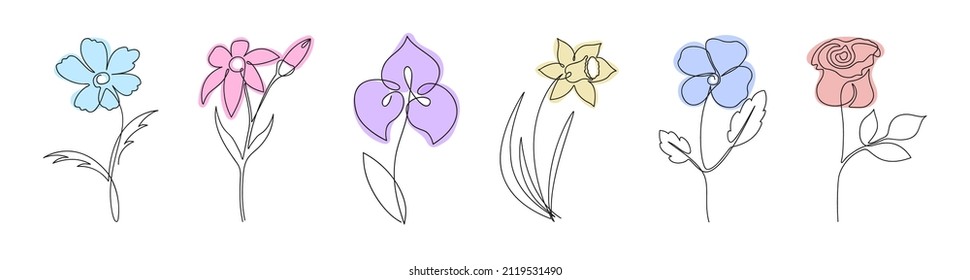 Continuous one line drawing of flowers set. Hand-drawn one line plants illustration. Vector.