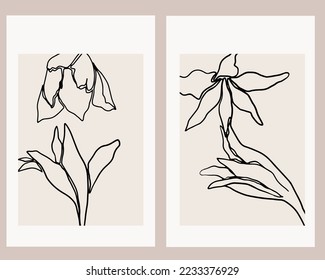 Continuous one line drawing flowers print. Botanical boho poster. Modern aesthetic contour exotic flowers for print, wall art, poster, home decoration, t-shirt print. Vector illustration