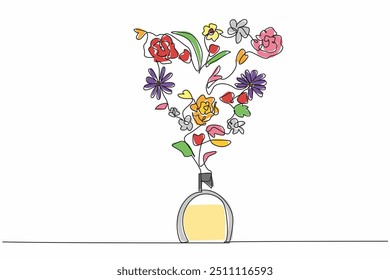 Uma linha contínua desenhando flores e folhas em cima de um frasco de perfume. Feita de aroma floral fresco. Para obter frescor natural. Dia Nacional da Fragrância. Ilustração de vetor de design de desenho de linha única