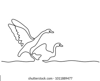 Continuous one line drawing. Flying Swans logo. Black and white vector illustration. Concept for logo, card, banner, poster, flyer