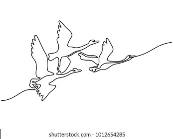 Continuous one line drawing. Flying Swans logo. Black and white vector illustration. Concept for logo, card, banner, poster, flyer