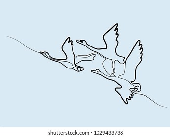 Continuous one line drawing. Flying Swans logo. Black and white vector illustration. Concept for logo, card, banner, poster, flyer