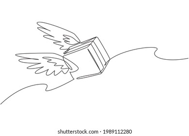 Continuous one line drawing Flying package box with wings. E-commerce, online shopping. Online delivery service. Fast delivery parcel concept. Single line draw design vector graphic illustration