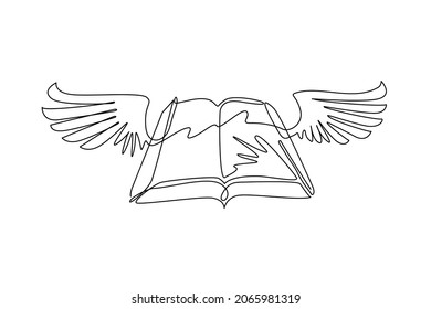 Continuous one line drawing flying book with wings. Winged book icon. Magic fairy tale reading logo. Imagination and inspiration picture. Fantasy. Creative kids. Single line draw design vector graphic