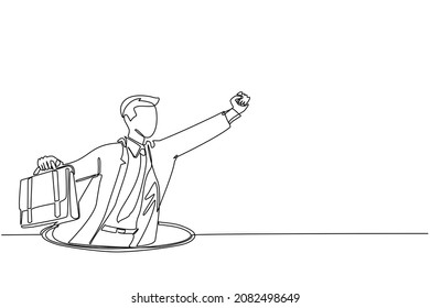 Continuous one line drawing flying businessman with wing and briefcase coming out of holes. Man leading financial rising from hole. Business growth concept. Single line draw design vector illustration