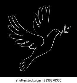 Continuous One Line Drawing Of Flying Dove Holding An Olive Branch. Peace Dove Sign And Freedom Sign Concept. Line Art, Vector Illustration. 