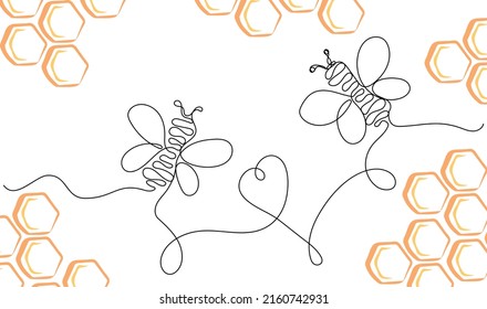 Continuous one line drawing flying bees   honeycombs  isolated white background  Hand drawn vector illustration