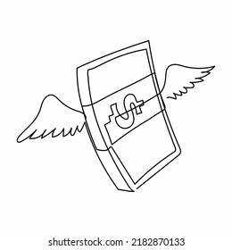 Continuous one line drawing flying money stack with wings. Winged dollar American currency bills packs. Angel investment, sending dollar banknotes. Single line draw design vector graphic illustration