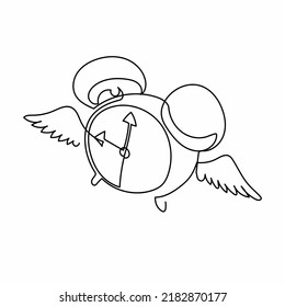 Continuous one line drawing flying alarm clock with wings. Alarm clock with wing flying in the sky. Time flies, everything seems evanescent concept. Single line draw design vector graphic illustration