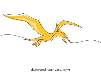 Continuous one line drawing flying pterodactyl dinosaur isolated on white background. Extinct ancient animals. Animal history for education. Single line draw design vector graphic illustration