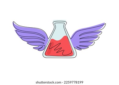 Continuous one line drawing flying test tube with wings. Winged science flask or beaker for medical healthcare. Chemical research laboratory logo. Single line draw design vector graphic illustration