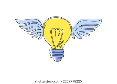 Continuous one line drawing flying bulbs with wings. Flat icon isolated. Imagination, fantasy icon. Knowhow sign. New business idea. Invention logo. Single line draw design vector graphic illustration
