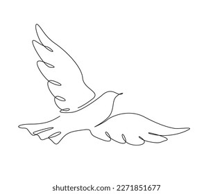 Continuous one line drawing of flying bird. Minimalist bird, pigeon outline design. Editable active stroke vector.