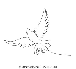 Continuous one line drawing of flying bird. Minimalist bird, dove, pigeon outline design. Editable active stroke vector.