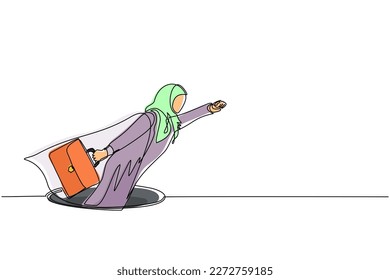 Continuous one line drawing flying Arabian businesswoman with wing and briefcase coming out of holes. Woman leading financial rising from hole. Business growth concept. Single line draw design vector