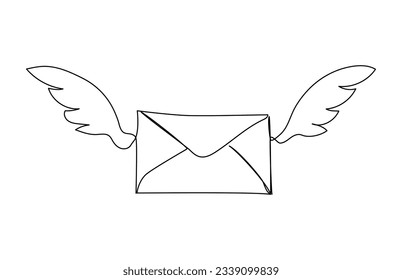 Dibujo continuo de una línea de sobre volante con alas. Ilustración vectorial simple
