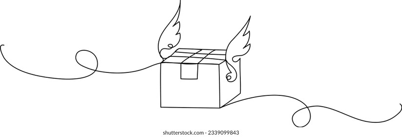 Continuous one line drawing of flying box with wings. Online shopping and delivery concept. Simple vector illustration