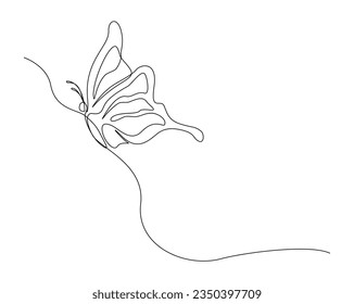 Continuous one line drawing of flying butterfly. Butterfly outline vector illustration. Editable stroke.