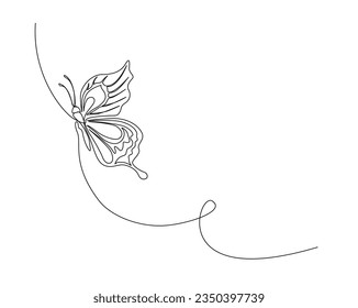 Continuous one line drawing of flying butterfly. Butterfly outline vector illustration. Editable stroke.